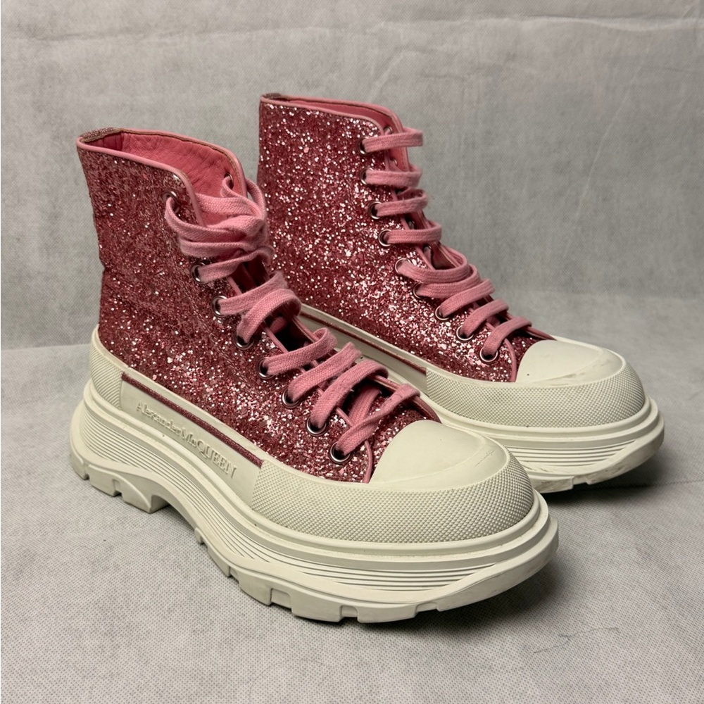 Alexander McQueen Tread Slick Pink Glitter Boots High Top Sneakers SZ 37 US 7